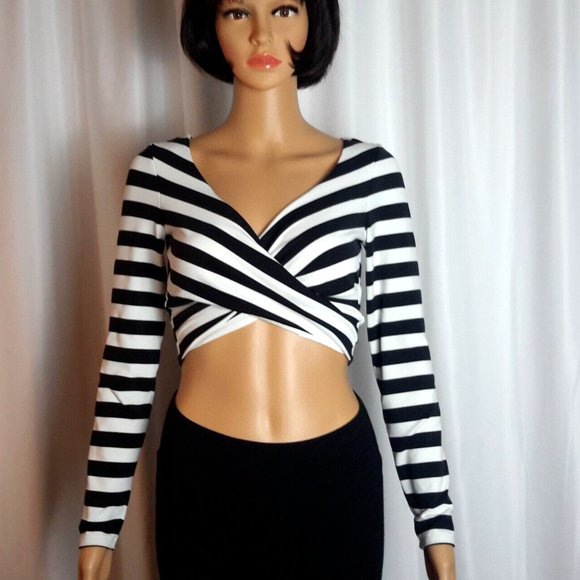 bebe Stripe Wrap Crop Top Long Sleeves Size S (=e) - Picture 2 of 8